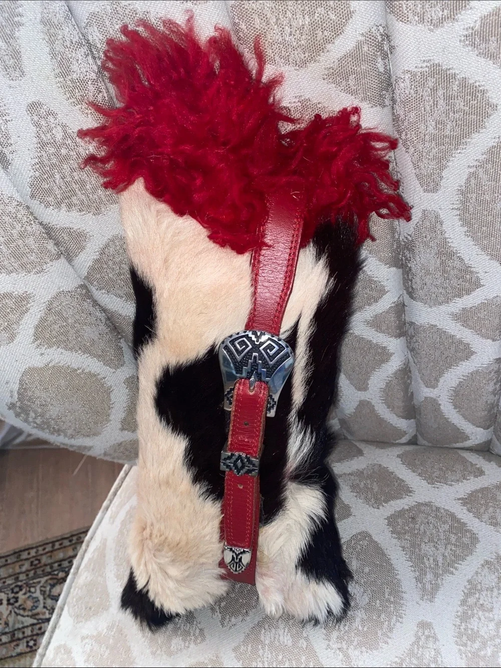 Red Leather & Cowhide Fur Decorative Throw Pillow with Red Mohair Trim